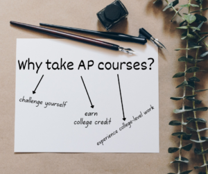 white paper which says why take AP classes with arrows pointing to challenge yourself, earn college credit, and, experience college-level work