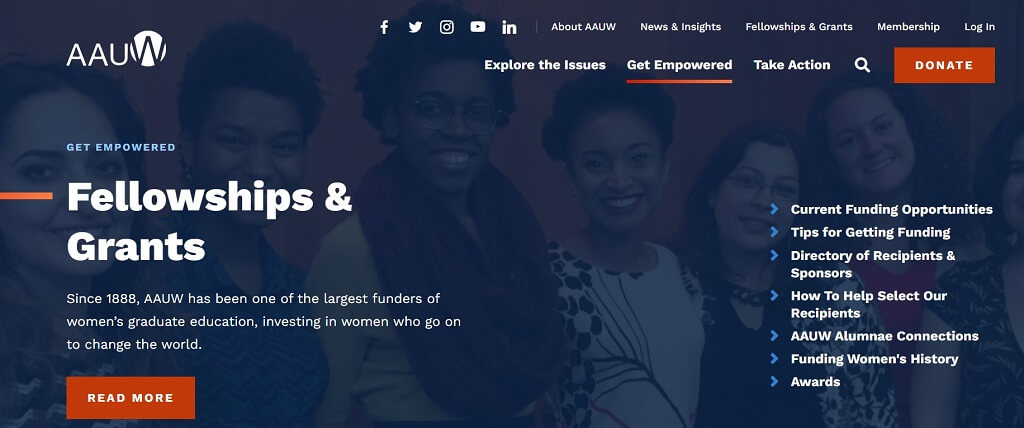 AAWU Website homepage for scholarships for women