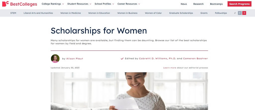 Best Colleges Website homepage for 
scholarships for women