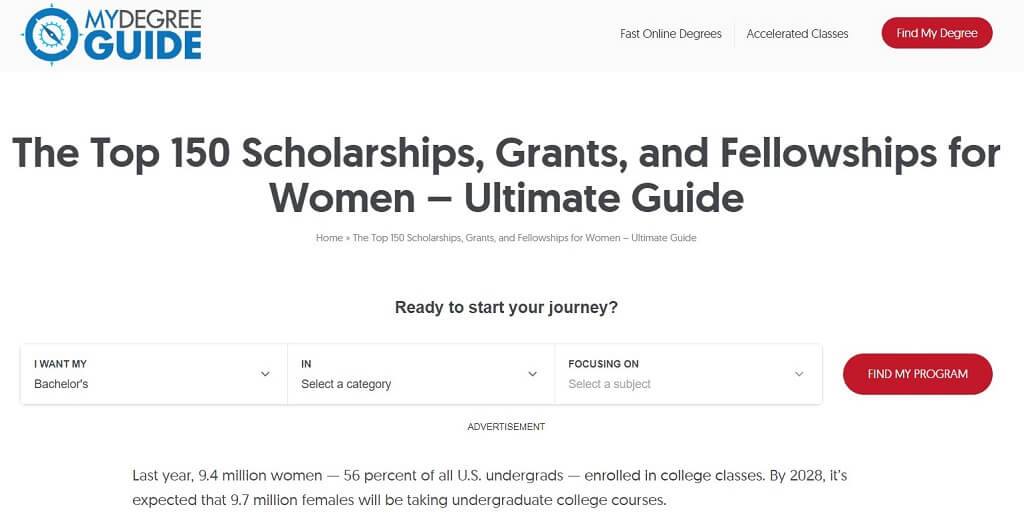 My Degree Guide home page scholarships for women