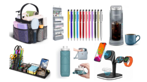 back to school supplies, shower caddy, organization, coffee pot, desk storage, water bottle, phone and watch charger