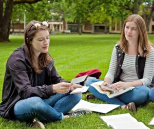 two students sitting in the grass using flashcards to study