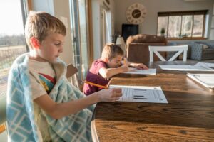 two boys at a kitchen table as mom is homeschooling