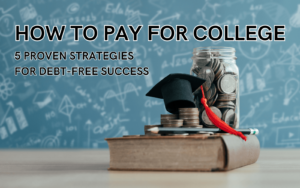 how to pay for college a jar of coins on a book with a graduation cap with the words how to pay for college 5 proven strategies for debt-free success